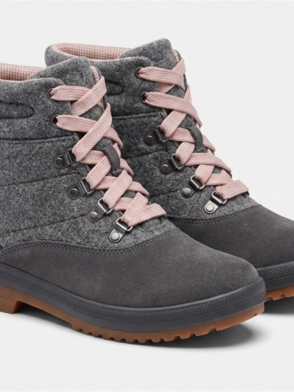 Keds Gray Felt & Suede Lace-Up Ankle Boots with Pink or Gray Laces